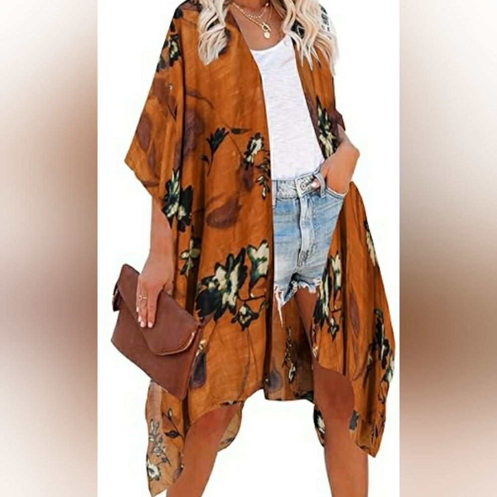 Rust Floral Kimono Cover-Up Wrap